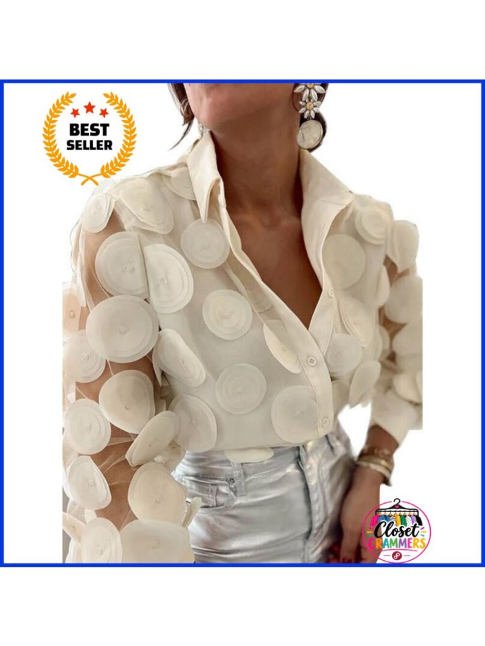 Womens Button Down Sheer Lace Blouse Long Sleeve Dressy Work Top